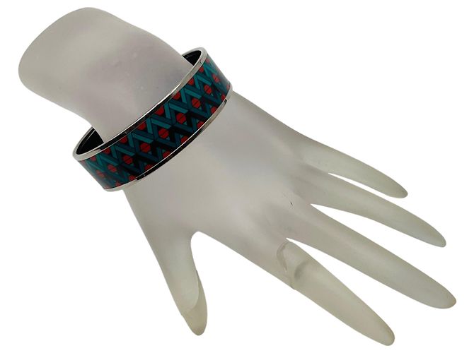 Bracciale in smalto Hermès blu / rosso con motivo geometrico multicolore - vista 3