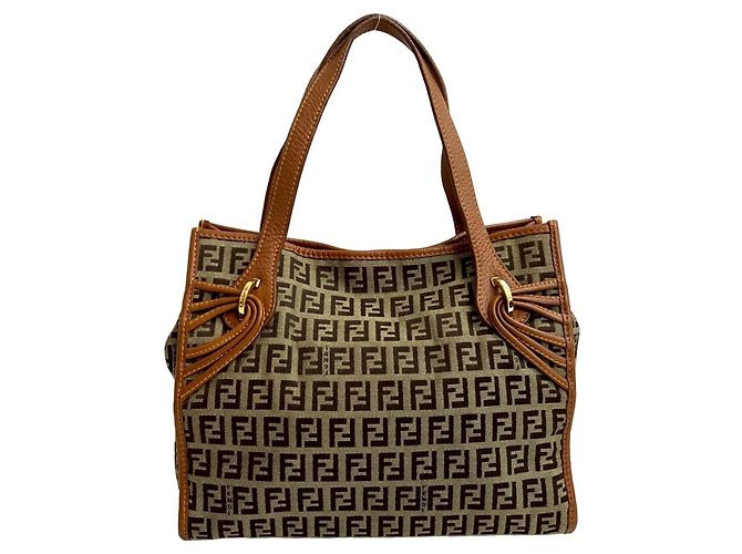 Bolsa de mão em lona e couro com logo FF Zucchino da Fendi - vista 3