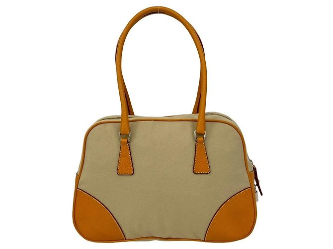 Prada Triangle Logo Canvas and Leather Tote Bag Beige - view 3