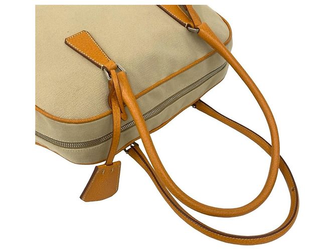 Prada Triangle Logo Canvas and Leather Tote Bag Beige - view 4