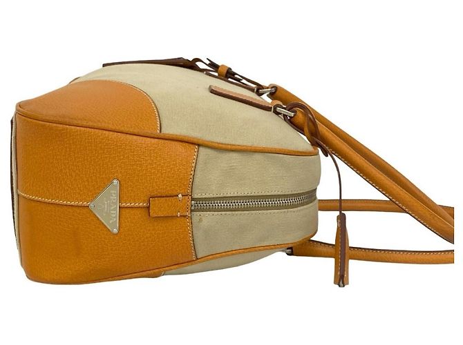 Prada Triangle Logo Canvas and Leather Tote Bag Beige - view 6