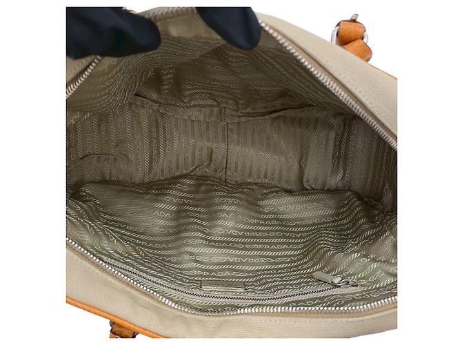 Prada Triangle Logo Canvas and Leather Tote Bag Beige - view 9