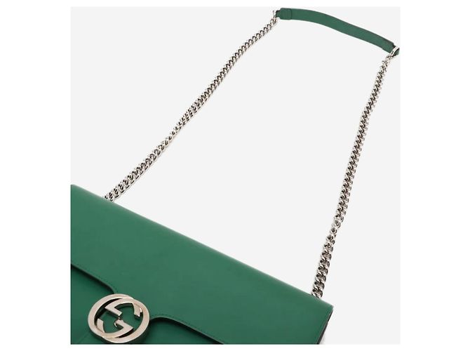 Gucci Bolsa de ombro de couro verde com corrente Interlocking G - vista 5