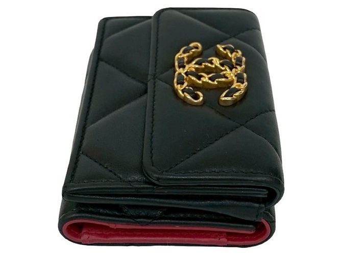 Chanel 19 Coco Mark Lammnappa Tri-Fold Geldbörse Schwarz - Ansicht 4