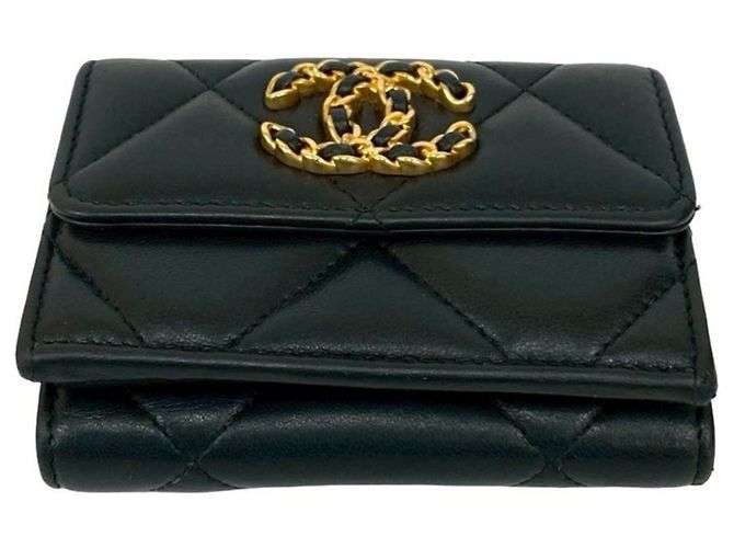 Chanel 19 Coco Mark Lammnappa Tri-Fold Geldbörse Schwarz - Ansicht 6