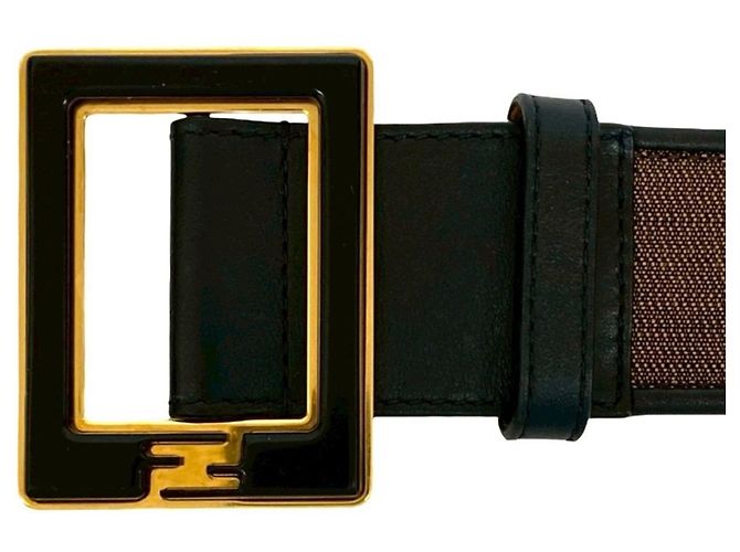 Cinto de lona e couro com fivela logo FF listrada Pecan da Fendi Marrom Preto - vista 2