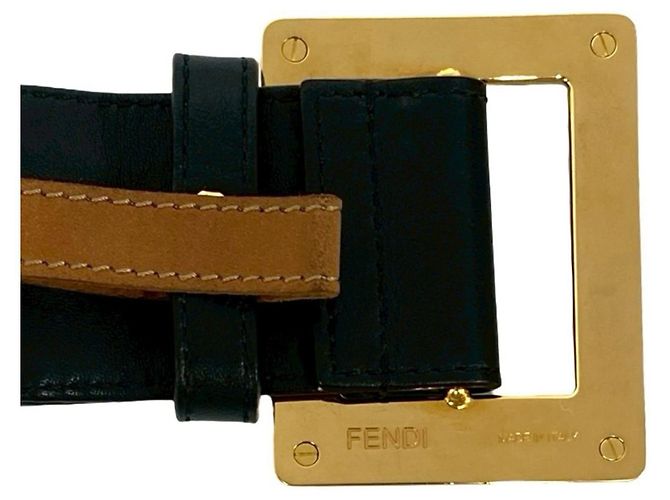 Cinto de lona e couro com fivela logo FF listrada Pecan da Fendi Marrom Preto - vista 3