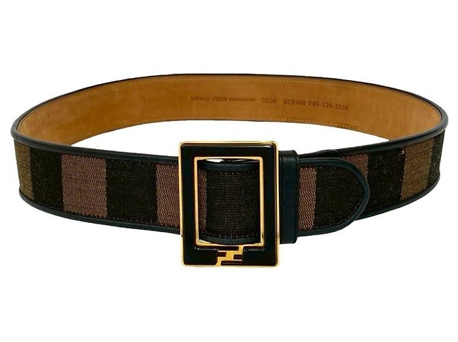 Cinto de lona e couro com fivela logo FF listrada Pecan da Fendi Marrom Preto - vista 4