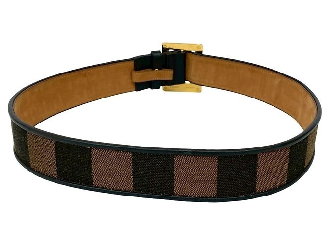 Cinto de lona e couro com fivela logo FF listrada Pecan da Fendi Marrom Preto - vista 5