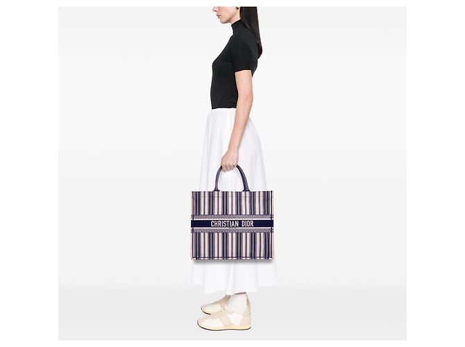 Book Tote Dior Blau Große Canvas Gestreifte Tasche Marineblau - Ansicht 11