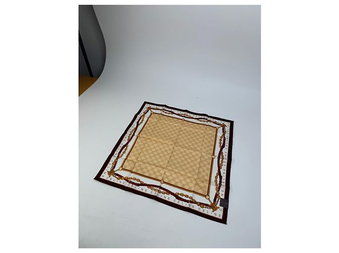 Céline Sciarpa Monogramma Vintage Celine Paris Oro Marrone Bianco D'oro - vista 2