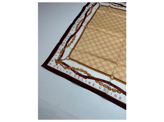 Céline Sciarpa Monogramma Vintage Celine Paris Oro Marrone Bianco D'oro - vista 3