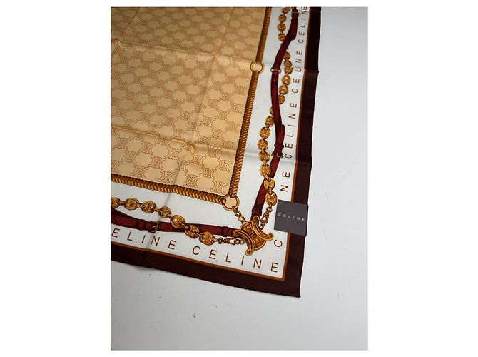 Céline Sciarpa Monogramma Vintage Celine Paris Oro Marrone Bianco D'oro - vista 4