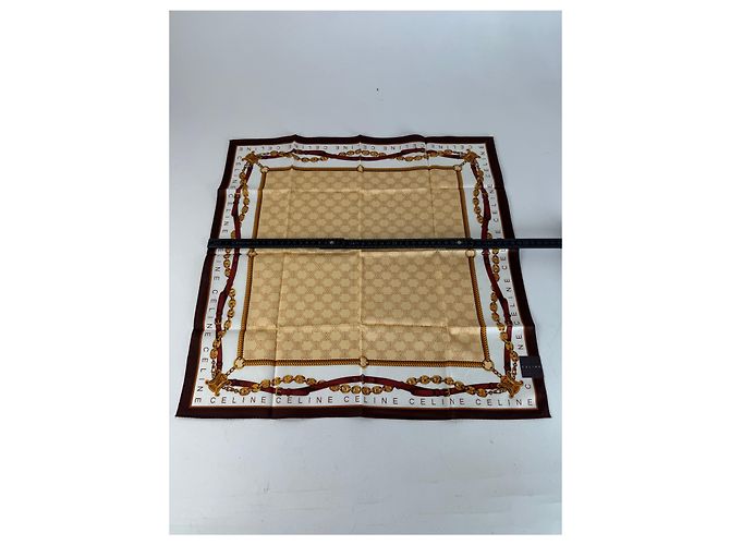 Céline Sciarpa Monogramma Vintage Celine Paris Oro Marrone Bianco D'oro - vista 6