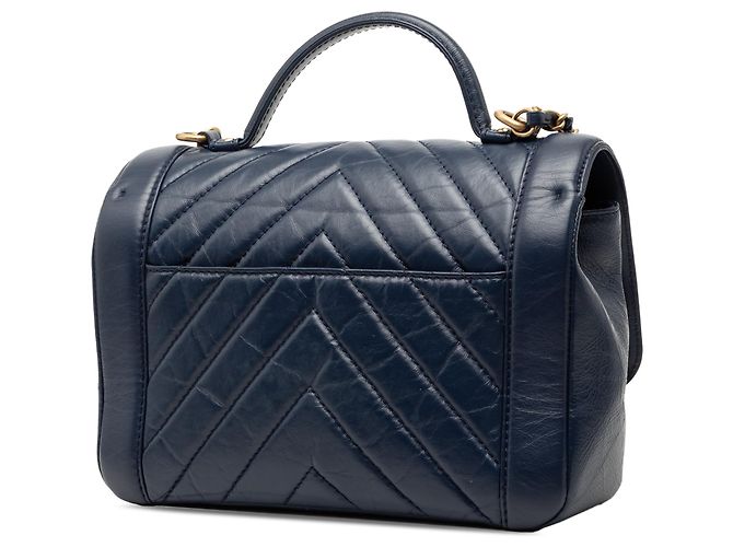 Chanel Blu CC Chevron Pelle di Vitello Invecchiata Borsa a Mano Blu navy - vue 2