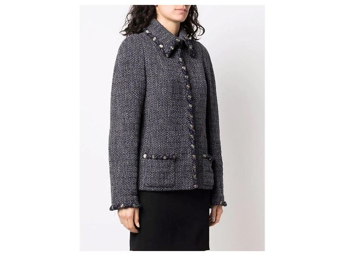 Chanel Blue Herringbone Wool Jacket - 2000s - view 3