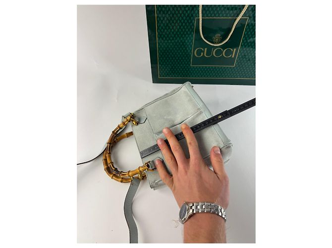 Bamboo Vintage Gucci Wildleder 2Way Bambus Handtasche Hellblau Golden - Ansicht 10