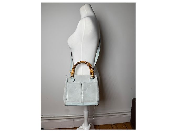 Bamboo Vintage Gucci Wildleder 2Way Bambus Handtasche Hellblau Golden - Ansicht 11