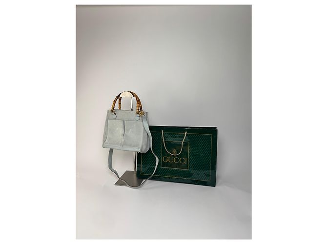 Bamboo Vintage Gucci Wildleder 2Way Bambus Handtasche Hellblau Golden - Ansicht 14