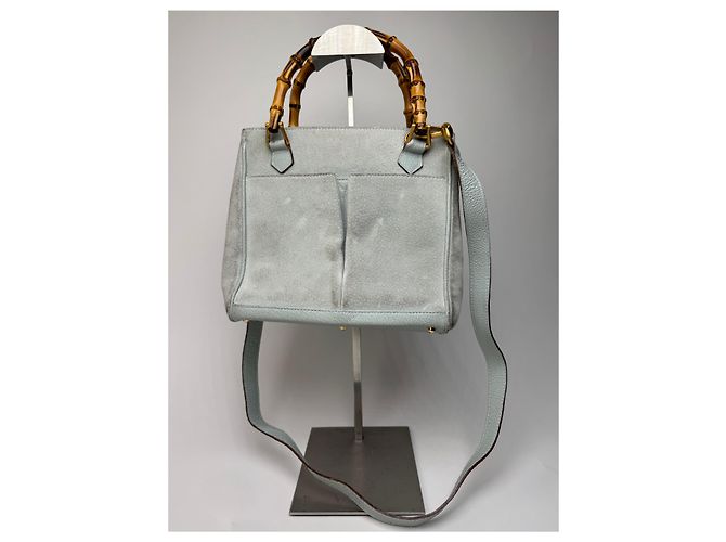 Bamboo Vintage Gucci Wildleder 2Way Bambus Handtasche Hellblau Golden - Ansicht 3