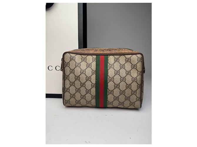 Clutch in pelle monogramma Ophidia vintage Gucci grigio marrone - vista 2