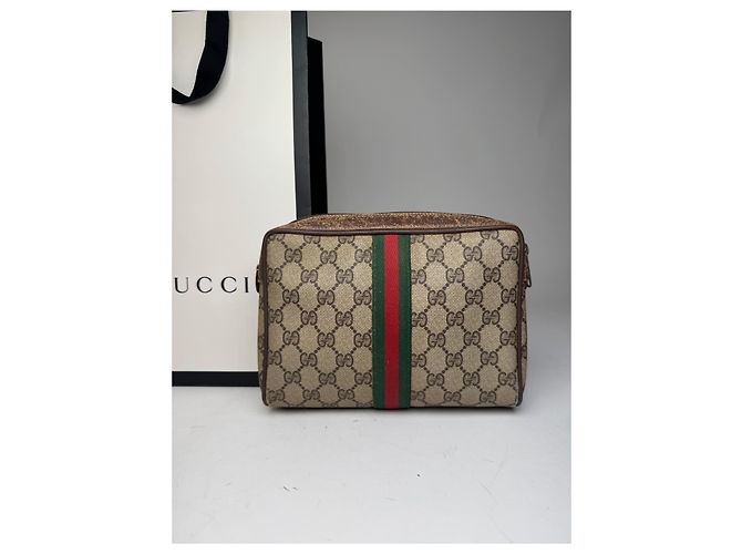 Clutch in pelle monogramma Ophidia vintage Gucci grigio marrone - vista 6