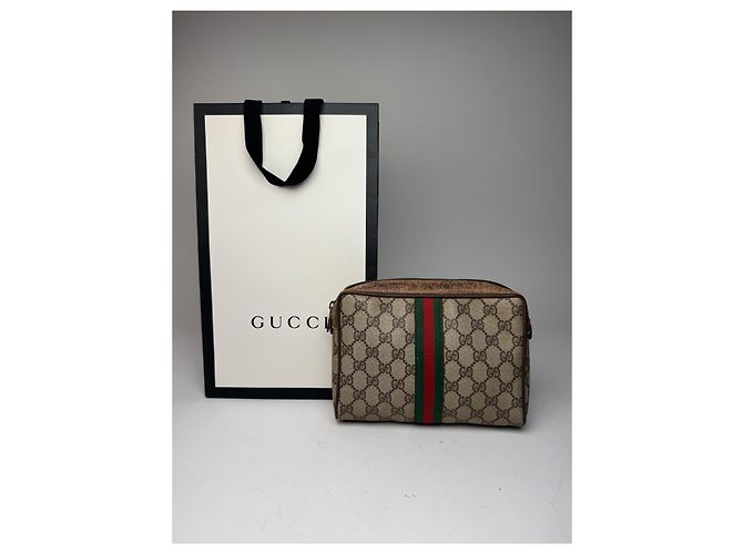 Clutch in pelle monogramma Ophidia vintage Gucci grigio marrone - vista 8