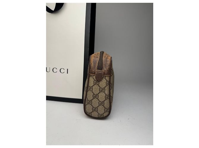 Clutch in pelle monogramma Ophidia vintage Gucci grigio marrone - vista 9