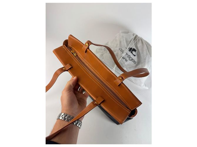 Vintage Courreges Lederhandtasche schwarz und braun - Ansicht 14