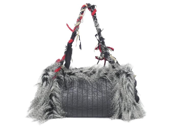 Borsa a tracolla Chanel Tweed Pelle e Pelliccia Nero Bianco Rosso Beige - vista 2