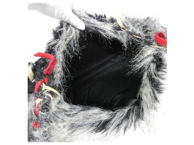 Borsa a tracolla Chanel Tweed Pelle e Pelliccia Nero Bianco Rosso Beige - vista 6