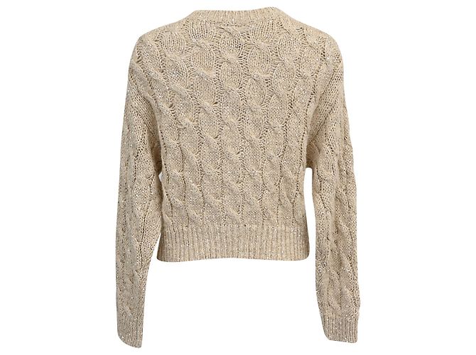 Brunello Cucinelli Pailletten-Strickpullover aus beige Seide und Leinen - Ansicht 3