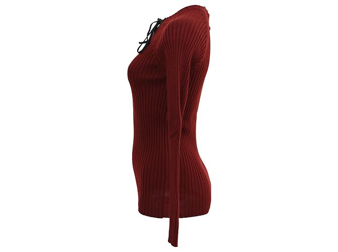 Burgunderfarbener Pullover aus Wolle mit Rippstrick und Schnürung von Jean Paul Gaultier Rot Bordeaux - Ansicht 2