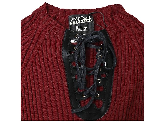 Burgunderfarbener Pullover aus Wolle mit Rippstrick und Schnürung von Jean Paul Gaultier Rot Bordeaux - Ansicht 5
