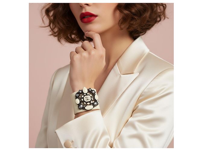 Timeless Seltene Chanel 12A Paris Bombay Runway Elfenbein Statement Armreif Silber Weiß Roh - Ansicht 5