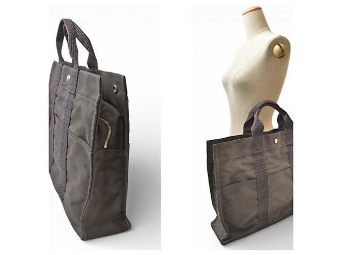 Hermès Air Line MM Tote Bag aus grauem Canvas Braun - Ansicht 3