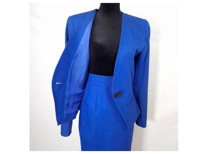 Yves Saint Laurent YSL tailleur gonna blu in cotone piqué - vista 6
