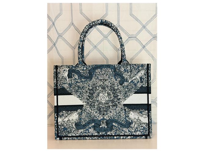 Christian Dior Book Tote Medium Ricamo Blu e Bianco Nero - vista 11