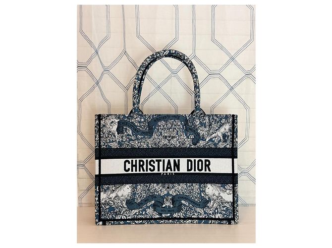 Christian Dior Book Tote Medium Ricamo Blu e Bianco Nero - vista 6