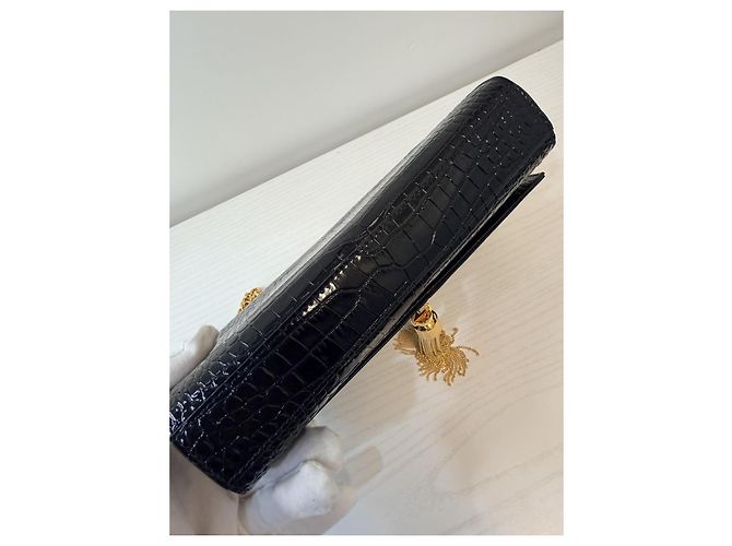 Yves Saint Laurent Kate Tassel Borsa in pelle con stampa coccodrillo nera - vista 11