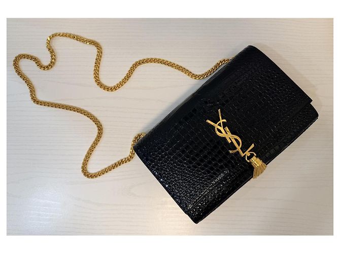 Yves Saint Laurent Kate Tassel Borsa in pelle con stampa coccodrillo nera - vista 4