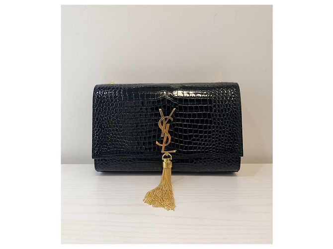 Yves Saint Laurent Kate Tassel Borsa in pelle con stampa coccodrillo nera - vista 5