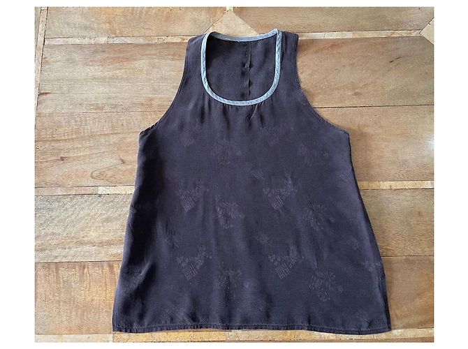 Autre Marque Top de seda marrón oscuro con detalles grises CFOC - Talla S - vista 2