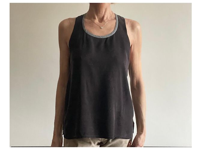 Autre Marque Top de seda marrón oscuro con detalles grises CFOC - Talla S - vista 3