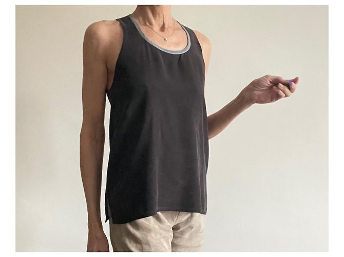Autre Marque Top de seda marrón oscuro con detalles grises CFOC - Talla S - vista 6