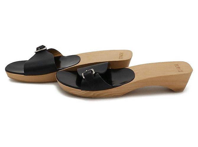 Mule in pelle e legno Hermès 37 Nero Grigio - vista 2