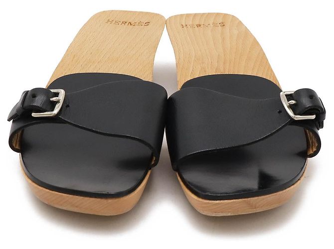Mule in pelle e legno Hermès 37 Nero Grigio - vista 4