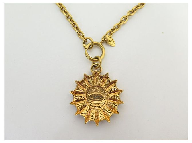 VINTAGE COLLIER CHANEL CHAINE MEDAILLON SOLEIL LOGO CC COCO MARK METAL NECKLACE Doré - vue 7