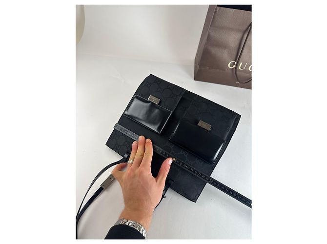 Bolsa de mão em lona e couro monograma Gucci vintage preta Preto - vista 9