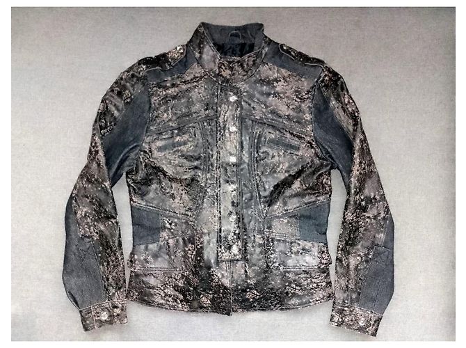 Autre Marque H&D Classic Leather Collection - Distressed Genuine Leather & Denim Panel Acid Wash Jacket - view 3